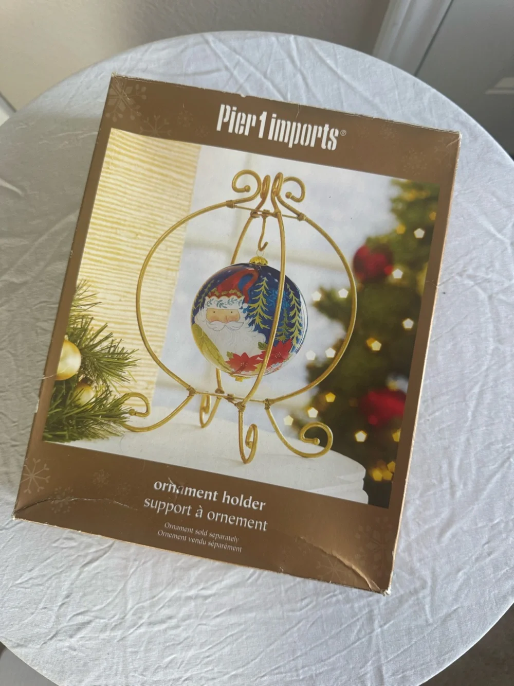 Pier 1- Gold Ornament Holder Stand with Santa Ball - Home Holiday